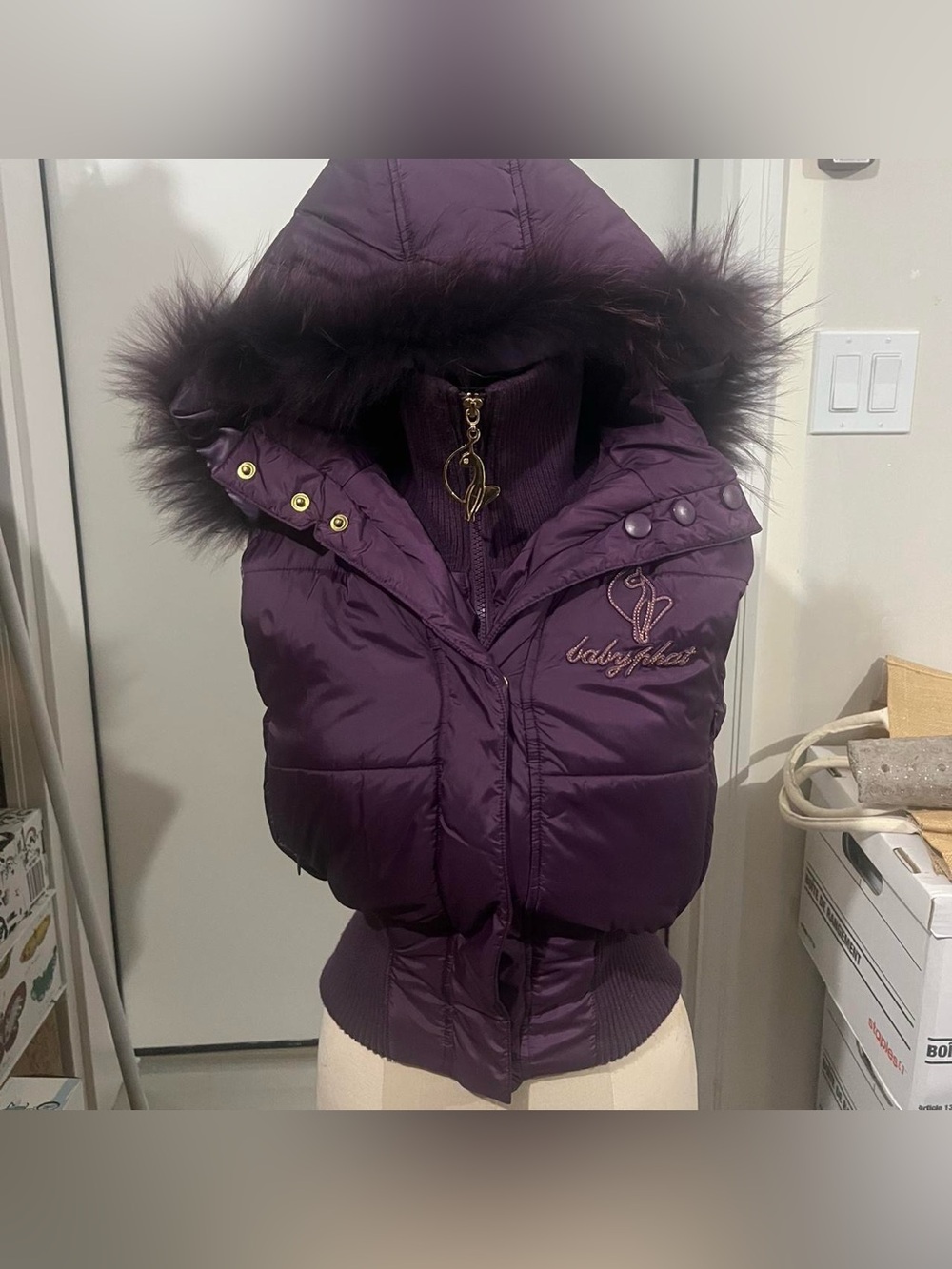 RARE Y2K Baby Phat Plum Fur Hood Puffer Vest